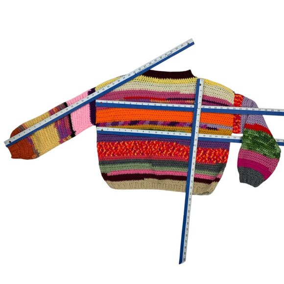 Scrap Yarn Colorful Crochet Sweater Jumper S Balloon Sleeve Crewneck Grandmacore - Picture 5 of 11